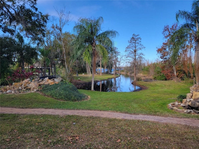 view of yard with a water view