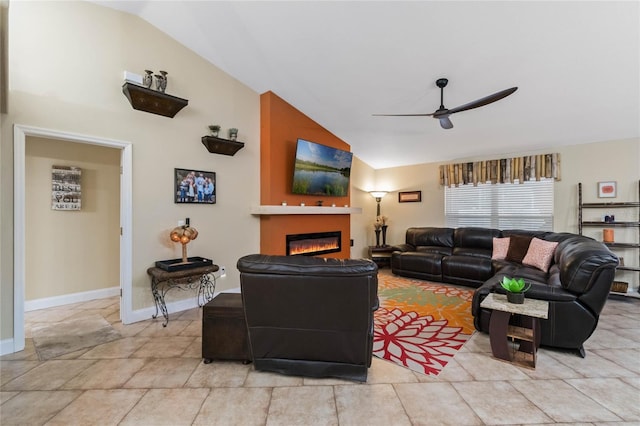 living room with vaulted ceiling and ceiling fan