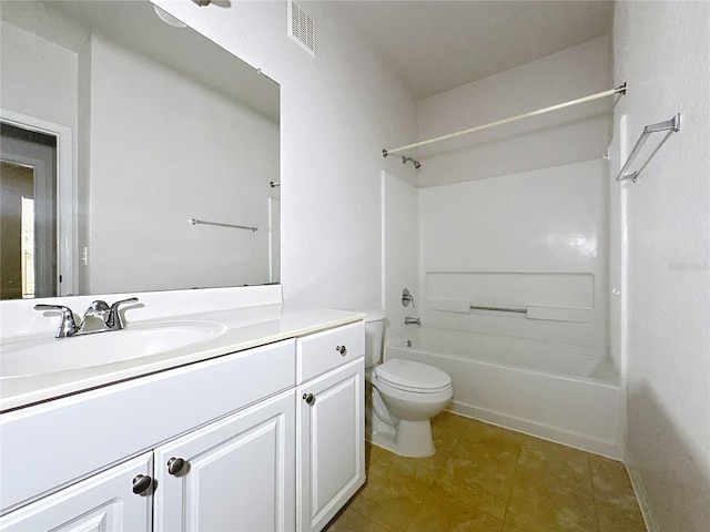 full bathroom with toilet, vanity, and bathing tub / shower combination