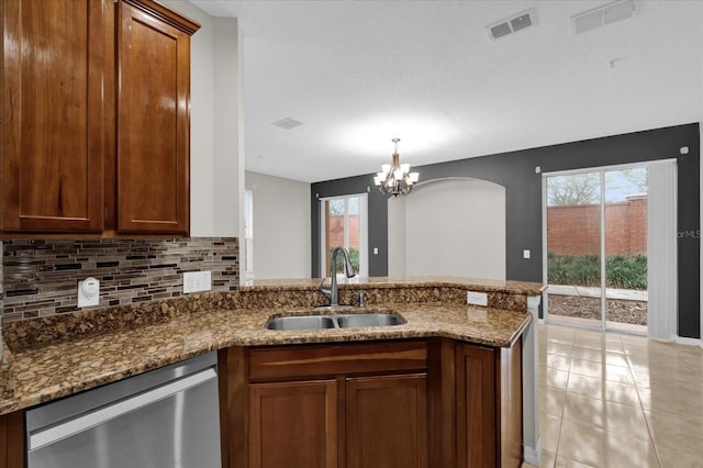 kitchen with visible vents, a sink, a peninsula, and stainless steel dishwasher