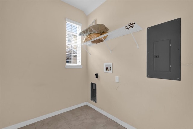 laundry room with hookup for a washing machine, laundry area, electric panel, and baseboards