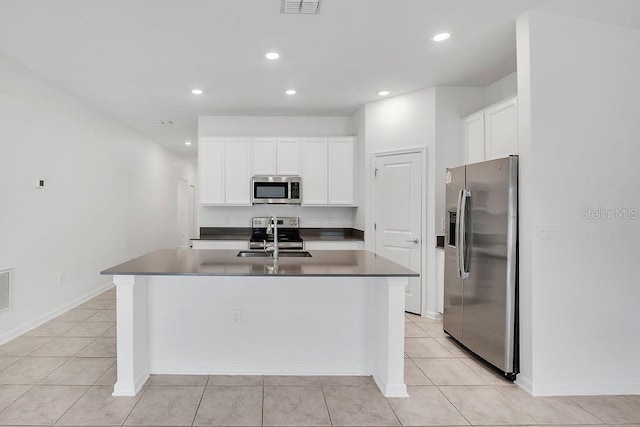 kitchen with appliances with stainless steel finishes, sink, white cabinetry, and a kitchen island with sink