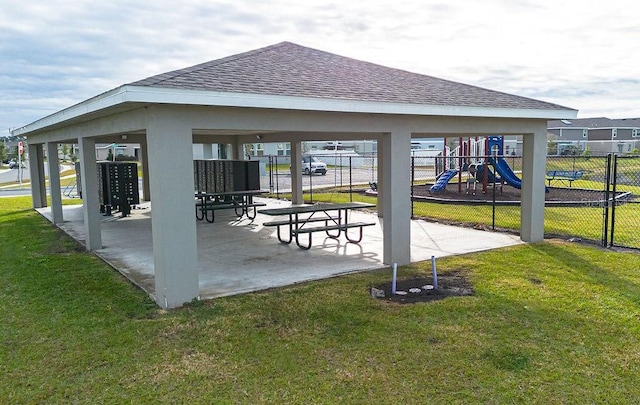 view of patio / terrace featuring a playground and a mail area