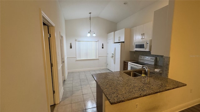 kitchen with white appliances, light tile patterned floors, lofted ceiling, a sink, and backsplash