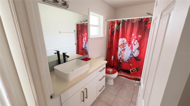 full bathroom with toilet, vanity, a shower with shower curtain, and tile patterned floors