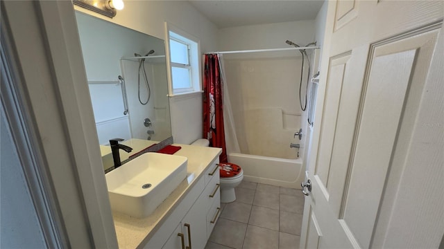 bathroom featuring toilet, shower / bath combination with curtain, tile patterned flooring, and vanity