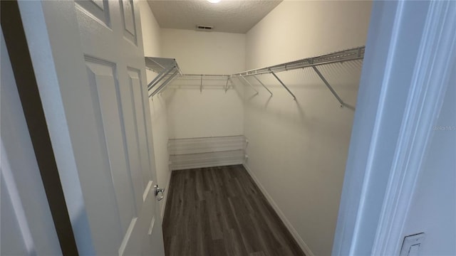 spacious closet with dark wood-style flooring