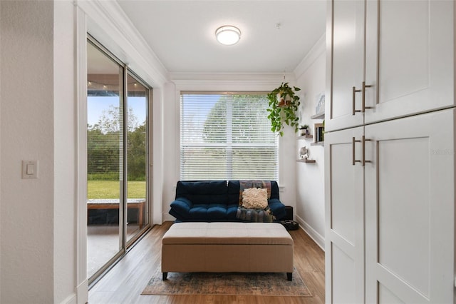 living area featuring ornamental molding and light hardwood / wood-style flooring