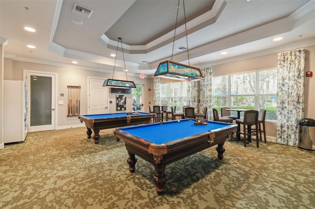 game room with carpet flooring, crown molding, a tray ceiling, and billiards