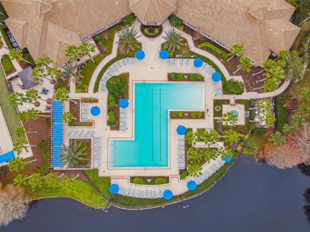 drone / aerial view featuring a water view