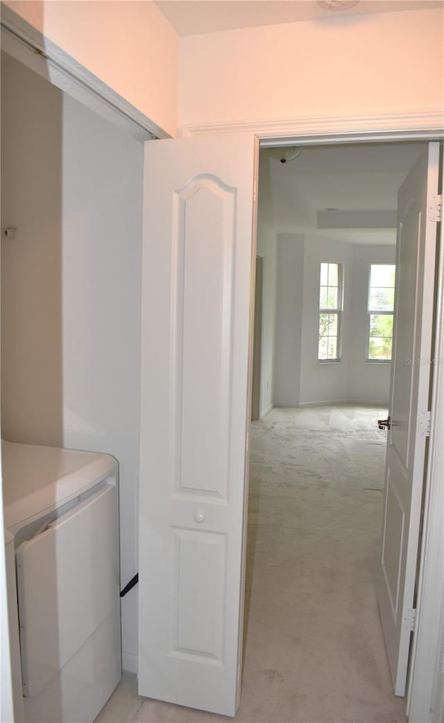 laundry area featuring light colored carpet