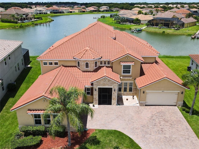 aerial view featuring a water view