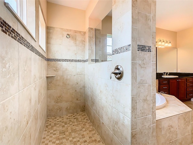 bathroom featuring vanity, plenty of natural light, and plus walk in shower