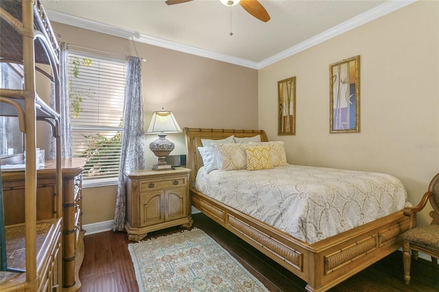 bedroom featuring crown molding, ceiling fan, and dark hardwood / wood-style floors