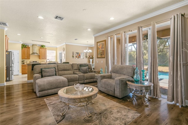 living room with sink, crown molding, a chandelier, a textured ceiling, and dark hardwood / wood-style floors