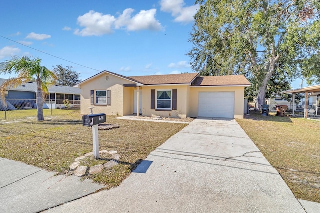 ranch-style home featuring a garage and a front lawn