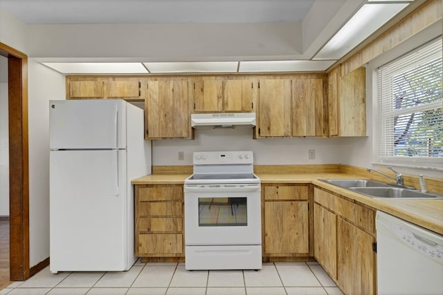 kitchen with sink, light tile patterned floors, and white appliances