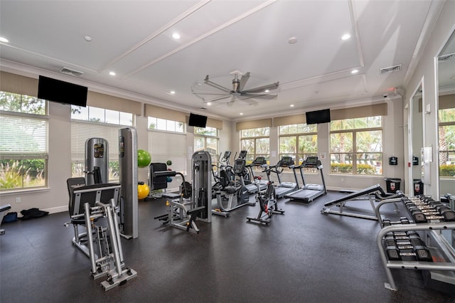 exercise room with ornamental molding, ceiling fan, and a healthy amount of sunlight