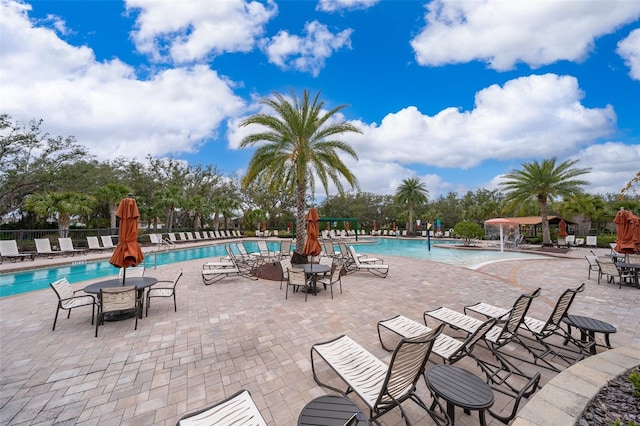 view of swimming pool featuring a patio area