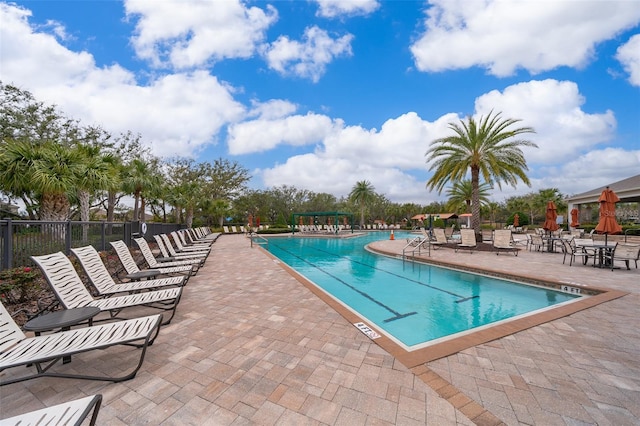 view of swimming pool with a patio area