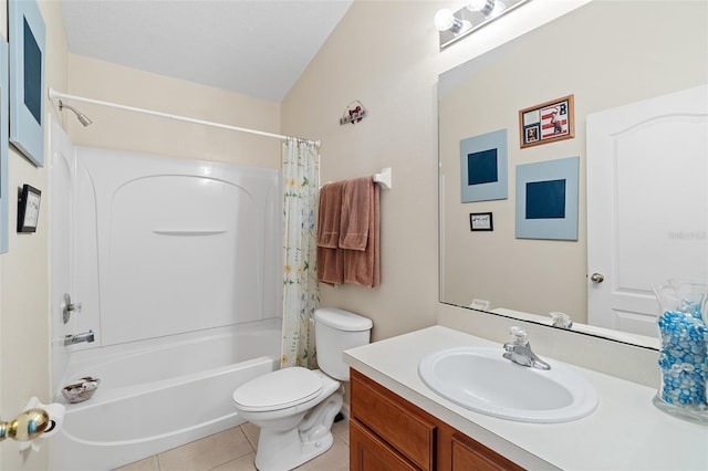 full bathroom with tile patterned floors, toilet, a textured ceiling, vanity, and shower / bath combination with curtain