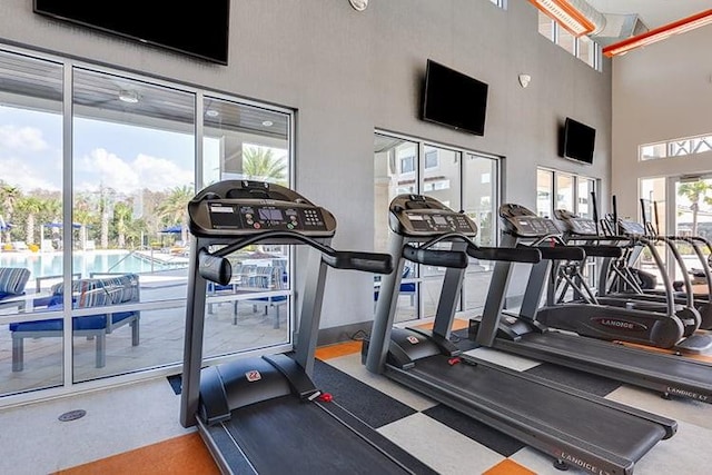 workout area with a high ceiling