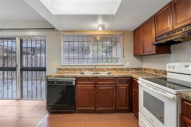 kitchen with sink, light tile patterned floors, white range with electric stovetop, and black dishwasher