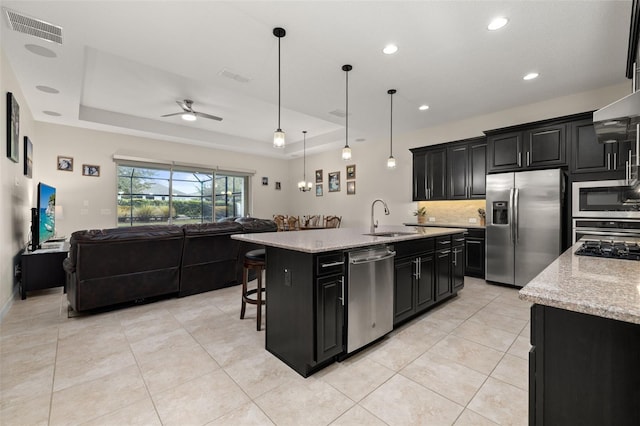 kitchen featuring appliances with stainless steel finishes, sink, a raised ceiling, a kitchen island with sink, and ceiling fan