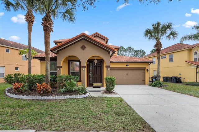 mediterranean / spanish house with cooling unit, a front lawn, and a garage