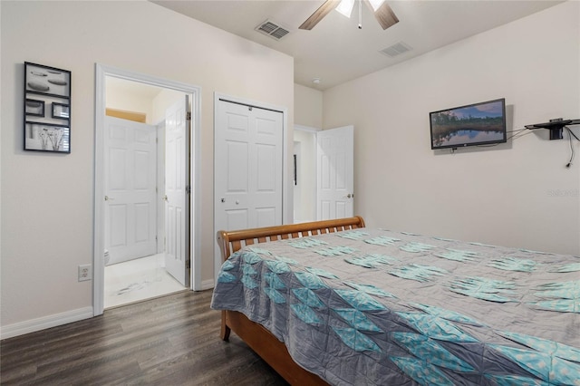 bedroom with connected bathroom, ceiling fan, a closet, and dark hardwood / wood-style floors