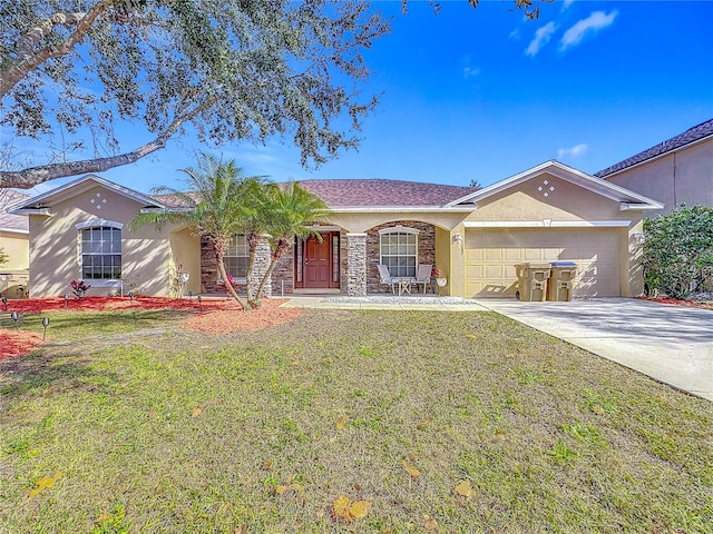 ranch-style home with a garage and a front lawn