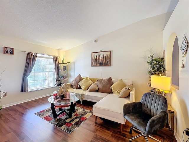 living room featuring lofted ceiling, a textured ceiling, and dark hardwood / wood-style flooring