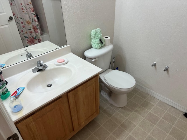 full bathroom featuring toilet, shower / bath combination with curtain, and vanity