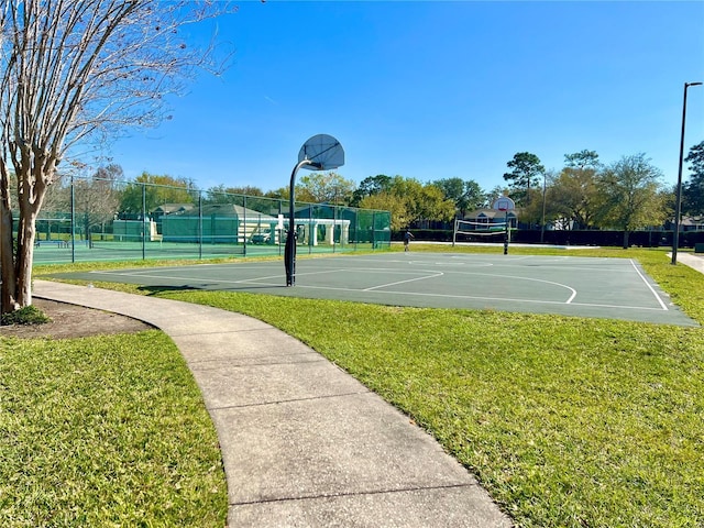 view of sport court with a lawn