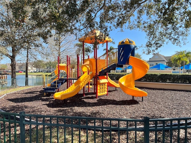 view of play area featuring a water view