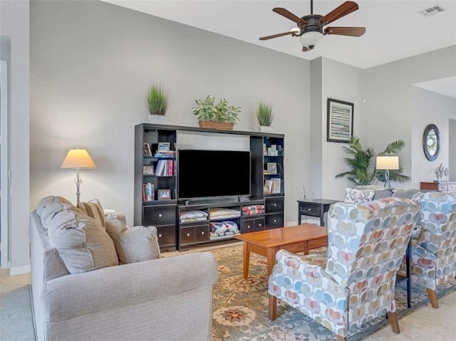 living room with ceiling fan