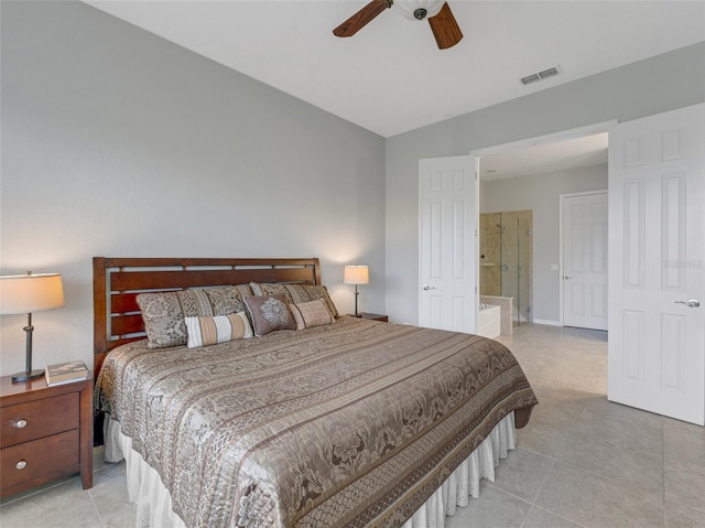 bedroom with connected bathroom and ceiling fan