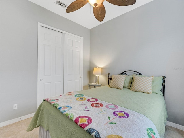 bedroom featuring ceiling fan and a closet