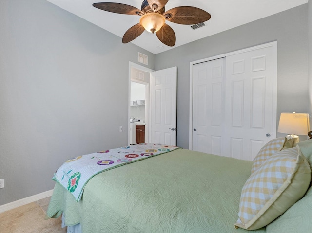 bedroom with carpet, ceiling fan, and a closet