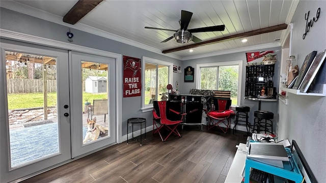 interior space featuring hardwood / wood-style flooring, french doors, beam ceiling, ceiling fan, and wooden ceiling