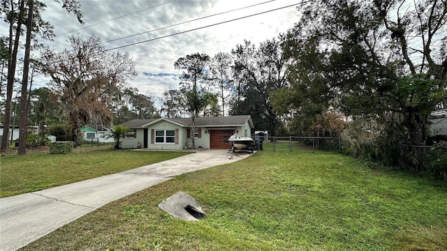 ranch-style house with a front lawn and a garage