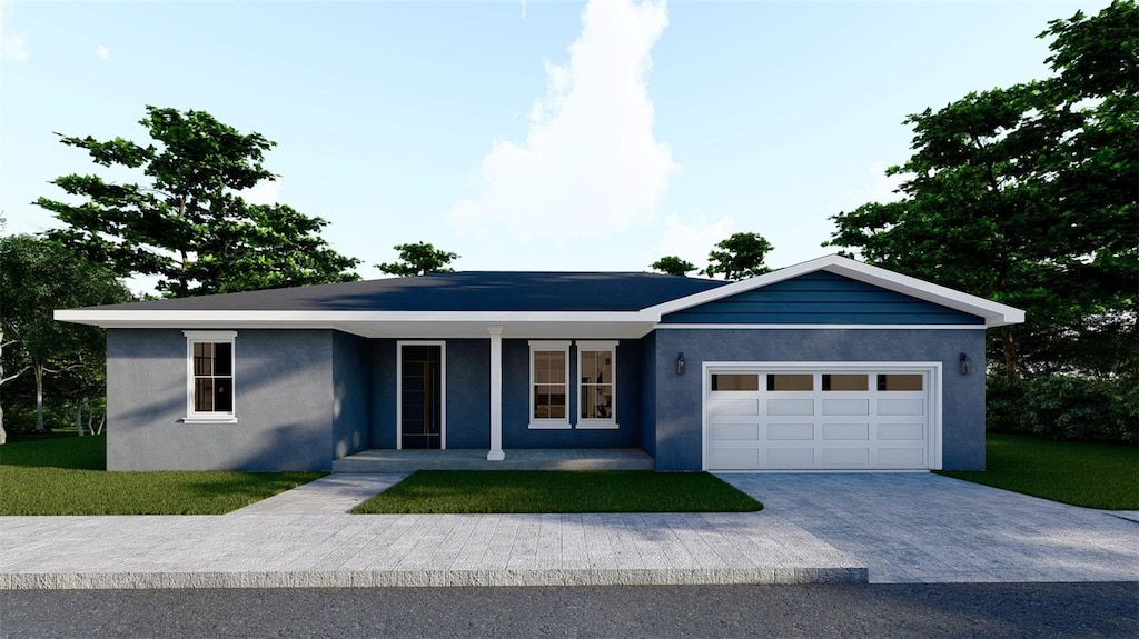 ranch-style house with a garage, a front yard, and covered porch