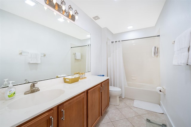 full bathroom with toilet, tile patterned flooring, shower / bathtub combination with curtain, and vanity