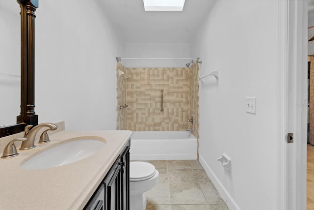 full bathroom with bathtub / shower combination, toilet, vanity, and a skylight