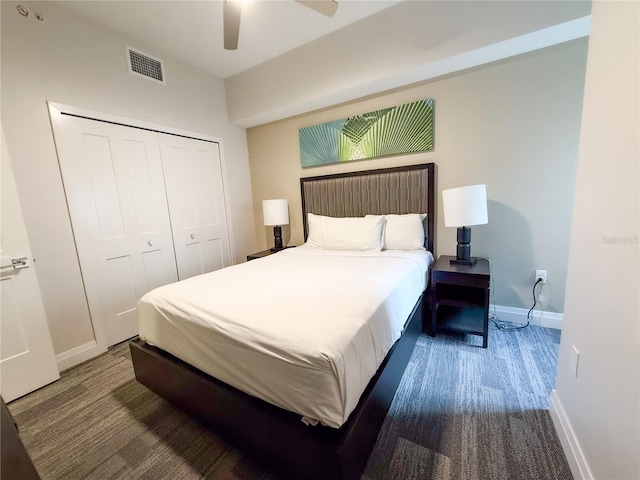 bedroom with ceiling fan and a closet