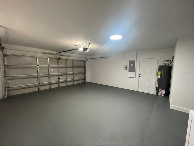 garage with a garage door opener, electric panel, and water heater