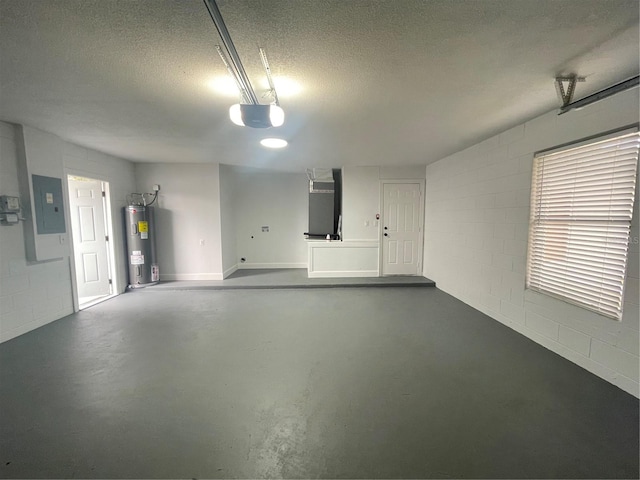 garage featuring a garage door opener, electric panel, electric water heater, and heating unit