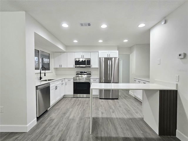 kitchen with kitchen peninsula, light hardwood / wood-style flooring, stainless steel appliances, white cabinetry, and sink