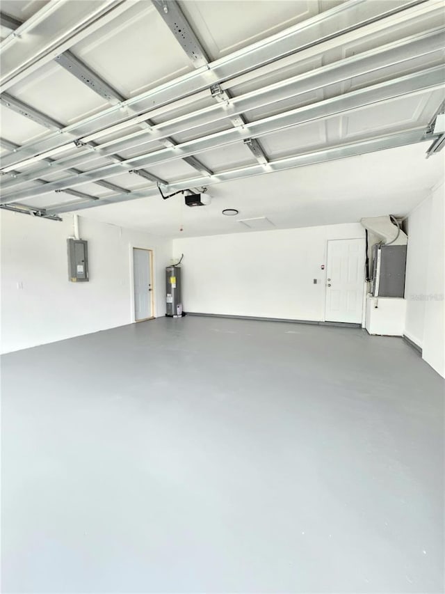 garage with electric panel, electric water heater, heating unit, and a garage door opener