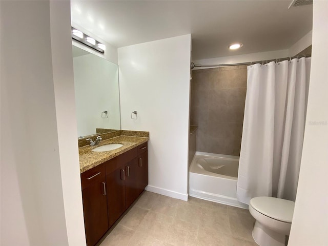 full bathroom with toilet, shower / bath combination with curtain, and vanity